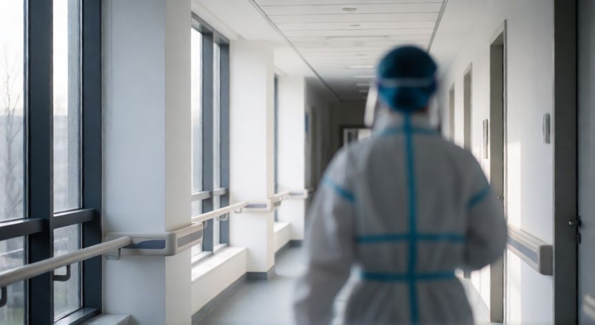 covid 19 significado siglas, Pasillo de hospital con luz natural y personal sanitario al fondo