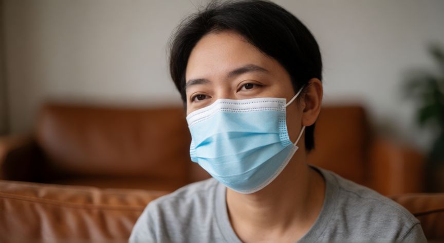 covid 19 signos y sintomas, Persona con mascarilla en un interior cálido mostrando precauciones respiratorias