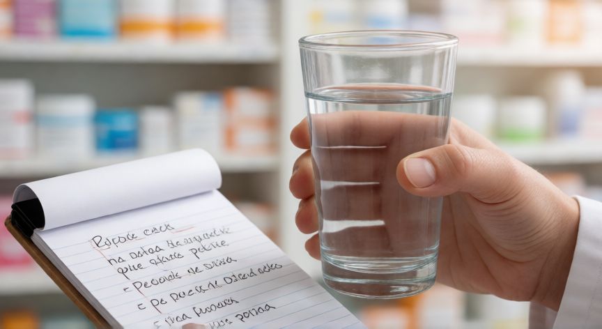 covid 19 sintomas actuales, Manos sosteniendo agua y notas médicas en una farmacia con fondo desenfocado