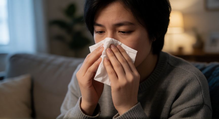 covid 19 symptoms, Persona con síntomas de resfriado o gripe mirando cansada en el sofá