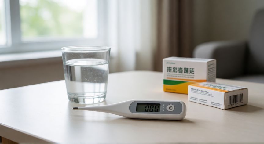 covid 19 symptoms, Termómetro y medicamentos sobre una mesa en casa para el cuidado de la salud