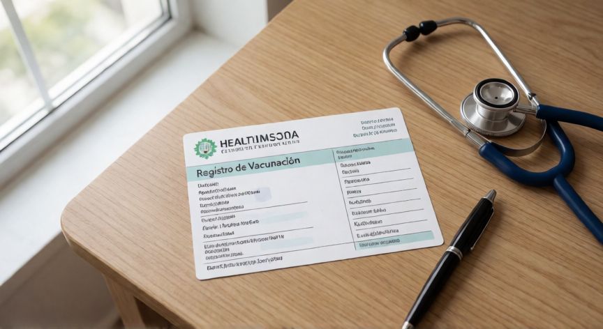covid 19 tarjeta de vacunacion, Tarjeta física de registro de vacunación sobre un escritorio médico junto a un estetoscopio