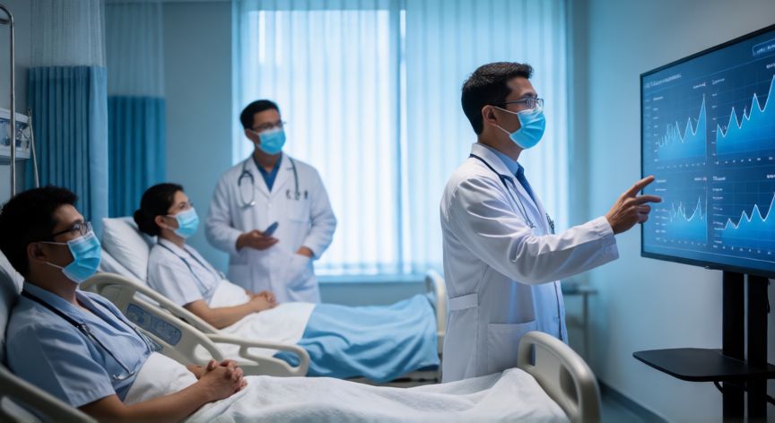 covid 19 tasa de mortalidad, Médicos analizando datos de mortalidad por COVID-19 en un hospital
