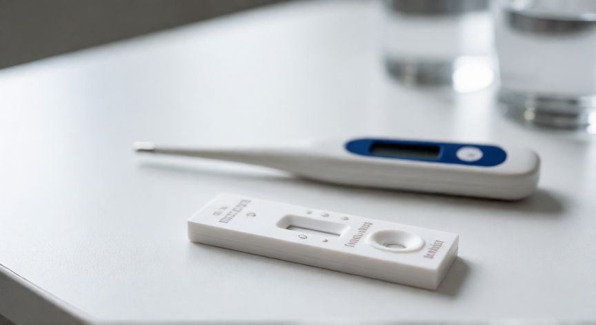 covid 19 test, Kit de test rápido de antígenos para coronavirus sobre una mesa clínica