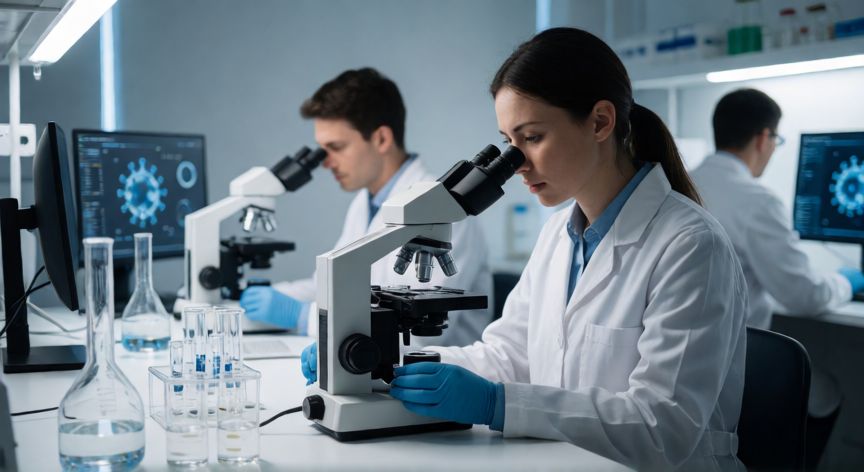 covid 19 todavia existe, Científicos analizando muestras de virus en un laboratorio de salud pública moderna