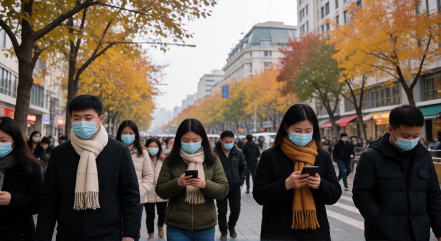 covid 19 todavia existe, Ciudadanos en una calle urbana durante el otoño tomando precauciones sanitarias leves