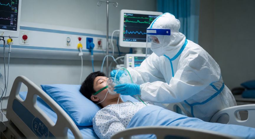covid 19 tratamiento, Personal sanitario ajustando oxigenoterapia de alto flujo a paciente en unidad de cuidados intensivos