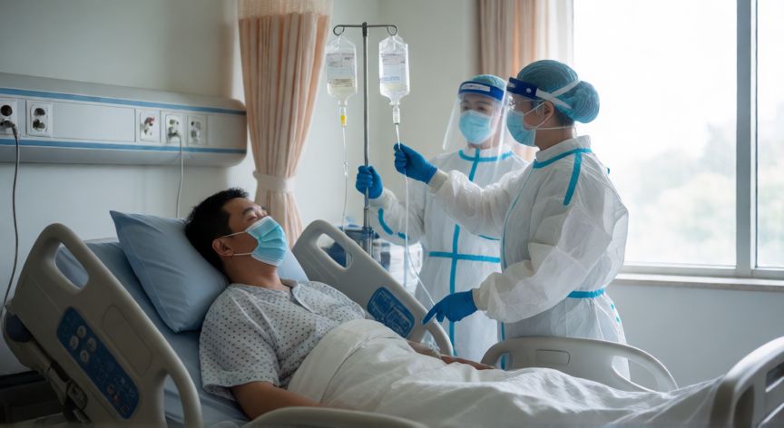 covid 19 tratamiento farmacologico, Paciente recibiendo tratamiento farmacológico para COVID-19 en un entorno hospitalario