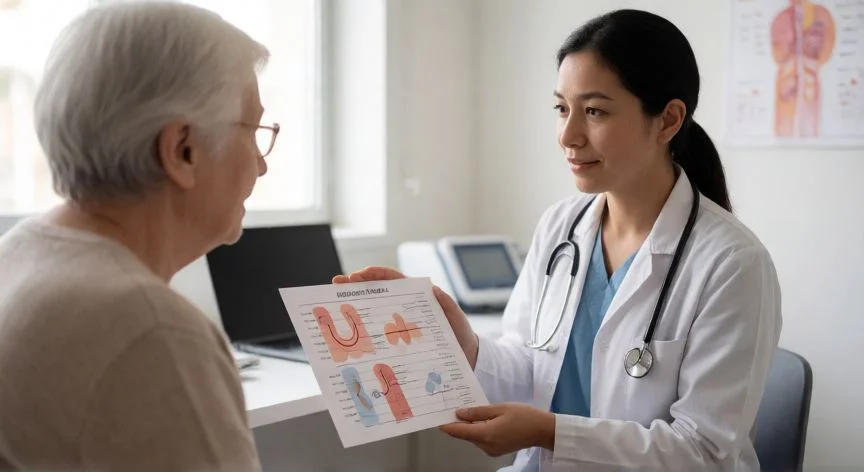 Médico explicando el tratamiento GPC de Covid-19 a un paciente en una clínica española
