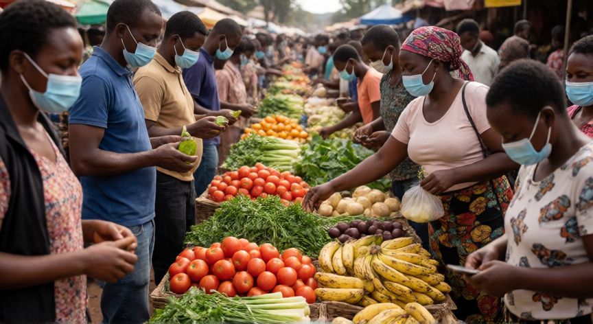 covid 19 uganda, Mercado tradicional en Kampala con personas usando mascarillas durante la pandemia
