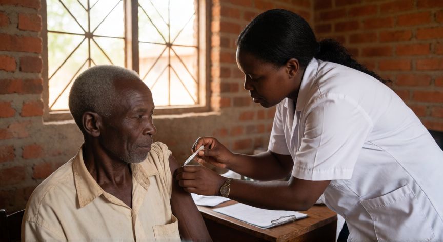 covid 19 uganda, Trabajador de la salud administrando una vacuna en una zona rural de Uganda