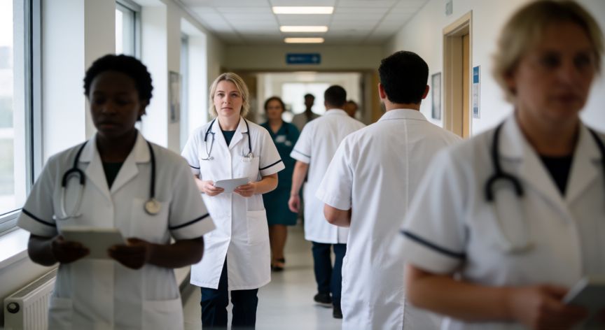 covid 19 uk, Personal sanitario en un pasillo de hospital del NHS británico mostrando normalidad operativa