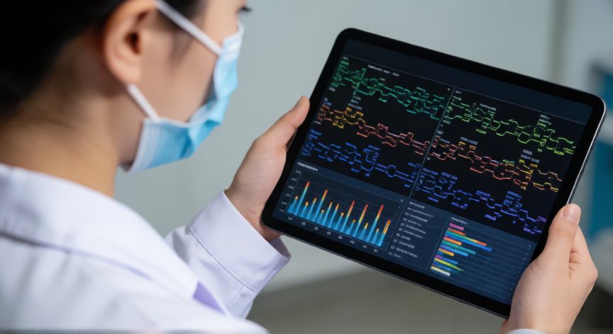 covid 19 ultima variante, Profesional sanitario analizando datos de variantes virales en una tableta