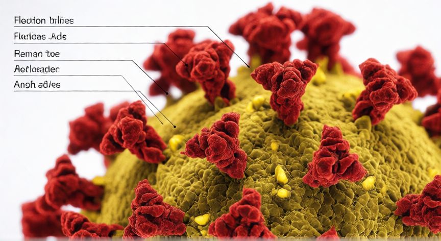 covid 19 under microscope, Detalle ampliado de las proteínas Spike del coronavirus en una ilustración científica