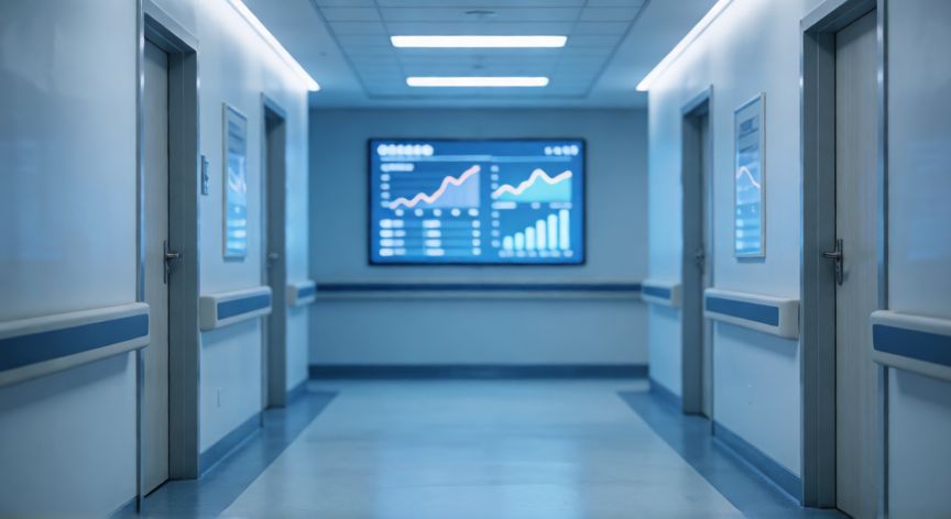 covid 19 update 2025, Pasillo de hospital moderno y limpio con iluminación suave