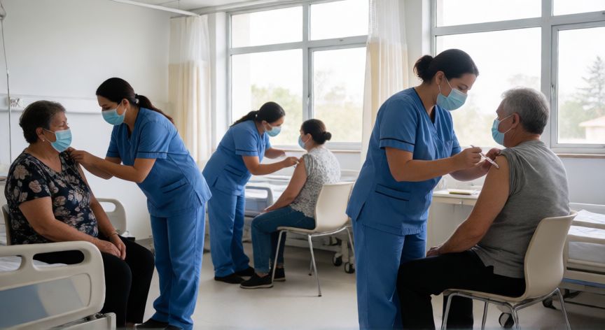 covid 19 uruguay, Personal sanitario uruguayo aplicando vacunas en un hospital moderno