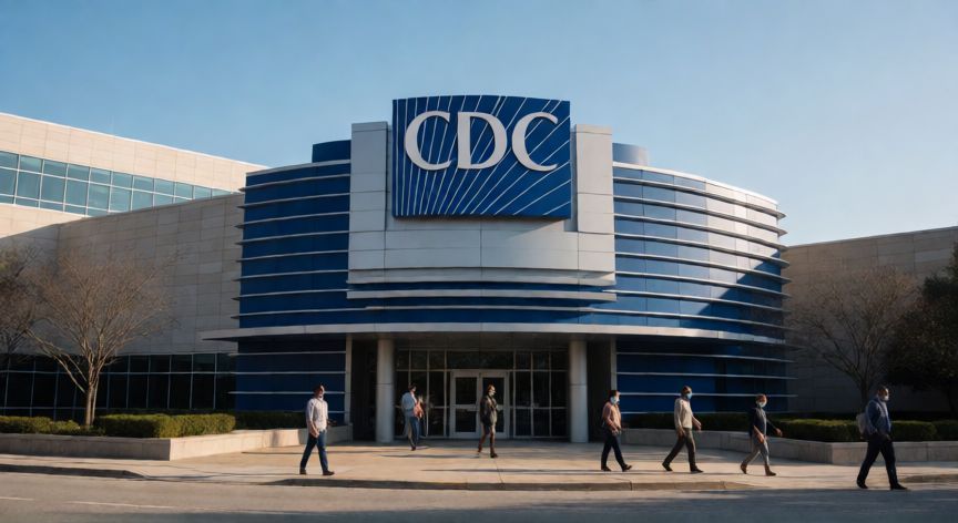 covid 19 usa, Fachada del edificio de los CDC en Atlanta con personas caminando por la entrada