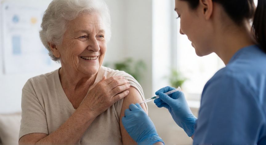 covid 19 vaccine over 75 years old, Mujer mayor de 75 años recibiendo vacuna de COVID-19 en clínica médica