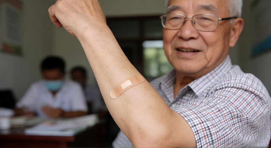 covid 19 vaccine over 75 years old, Hombre anciano mostrando brazo tras recibir la vacuna contra el coronavirus