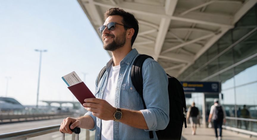 covid 19 vacuna certificado, Viajero en aeropuerto con pasaporte y tarjeta de embarque sin requisito de certificado sanitario