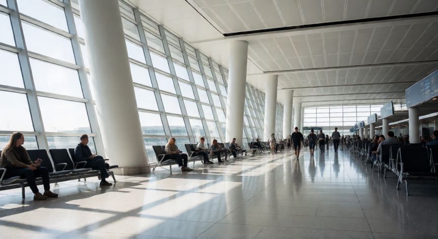 covid 19 vacunas carnet, Viajeros en un aeropuerto moderno sin restricciones visibles de salud