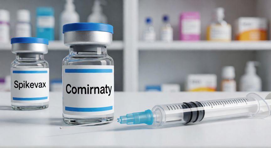 covid 19 vacunas nombres, Viales de vacunas Comirnaty y Spikevax sobre una mesa médica