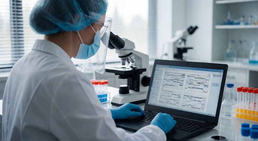covid 19 variante lp 8.1, Investigador en laboratorio analizando secuencias genéticas del virus SARS-CoV-2