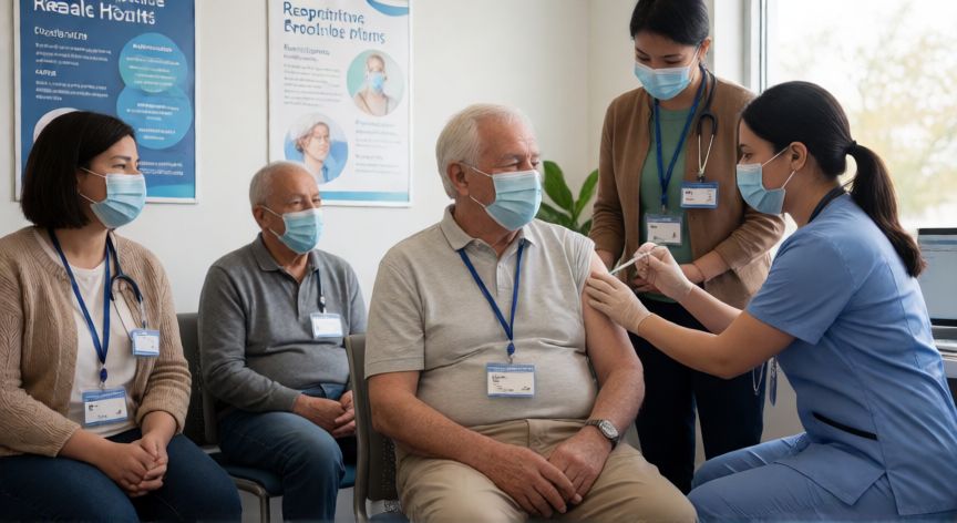 covid 19 variante lp 8.1, Pacientes recibiendo vacunas actualizadas contra la gripe y la COVID en un centro de salud