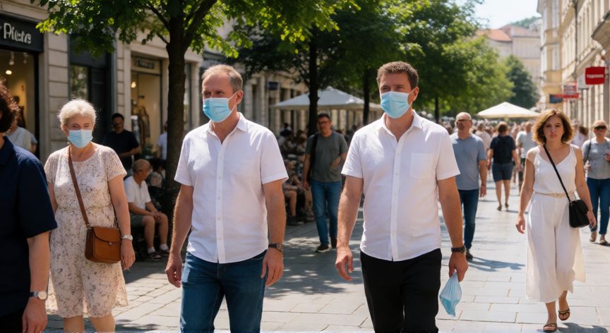 covid 19 verano 2026, Personas caminando por una calle soleada en verano con precauciones sanitarias