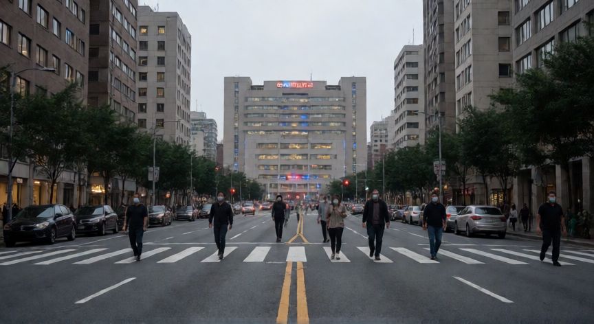 covid 19 victimas, Ciudad vacía con personas usando mascarillas frente a un hospital