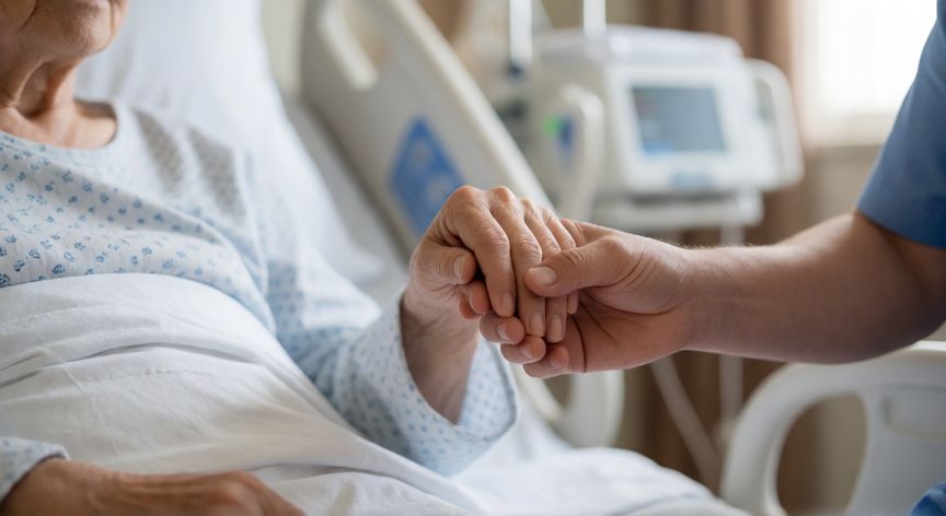 covid 19 victimas, Manos de un paciente y un familiar en una habitación de hospital