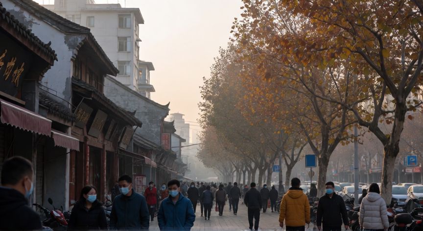 covid 19 when did it start, Calle en Wuhan con personas usando mascarillas durante el inicio de la pandemia