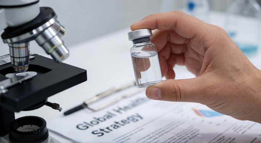 covid 19 who, Vista cercana de herramientas de salud publica y vacunas en un laboratorio de investigacion medica.
