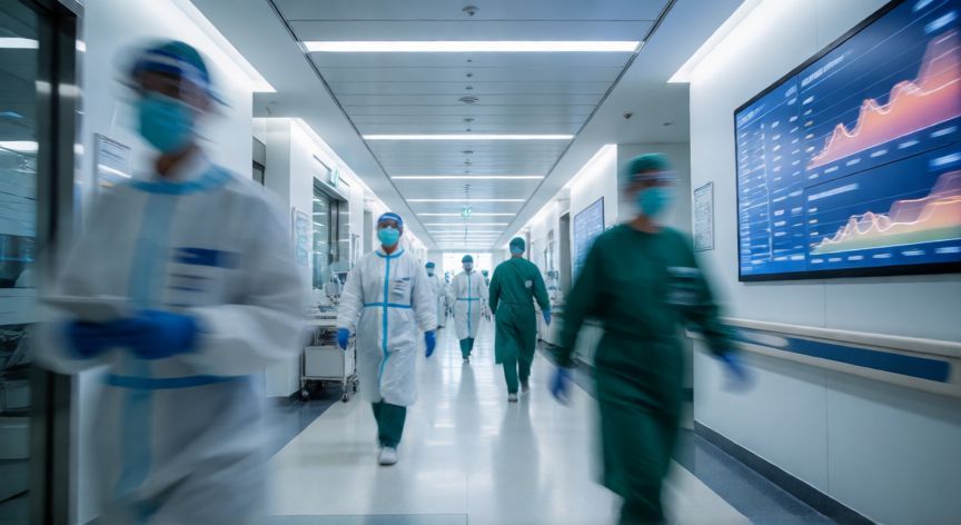 covid 19 world, Pasillo de hospital con personal sanitario y paneles de datos epidemiológicos