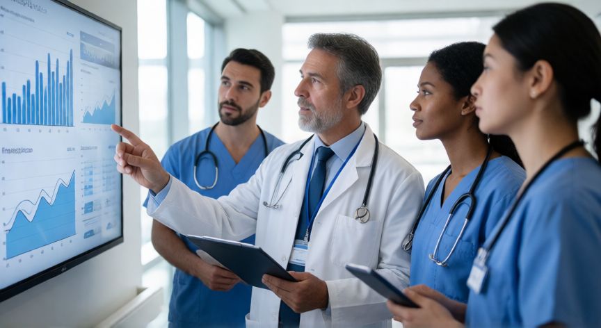 covid 19 worldometer, Equipo médico analizando datos epidemiológicos en una pantalla grande dentro de un hospital