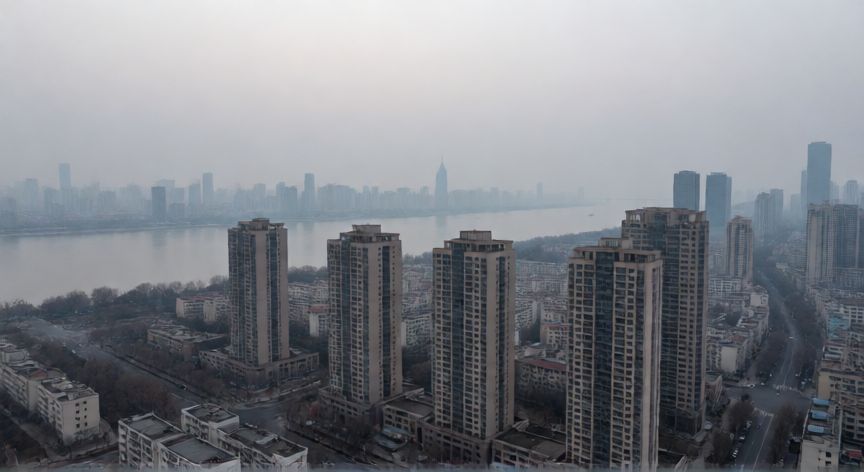 covid 19 wuhan china, Vista aérea de la ciudad de Wuhan en invierno con aspecto neblinoso y silencioso