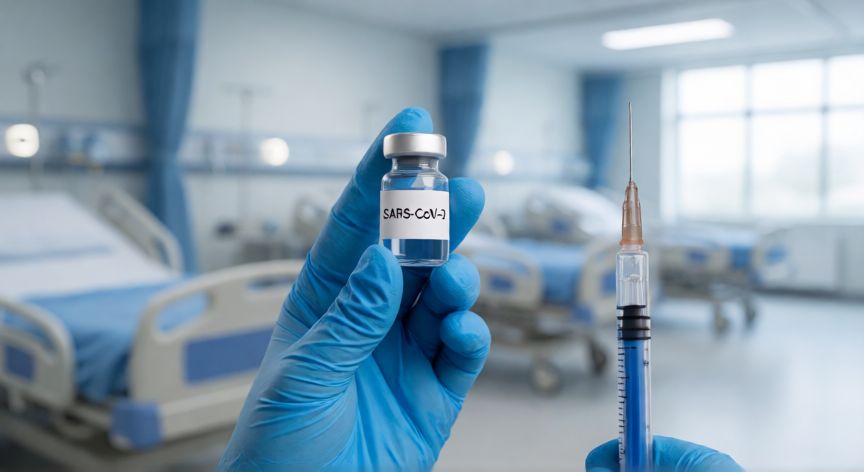 covid 19 y cancer, Profesional médico sosteniendo un viales de vacuna y una jeringa en un entorno hospitalario