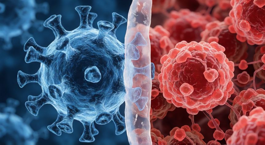 covid 19 y cancer, Representación microscópica dividida mostrando partículas virales y células cancerosas