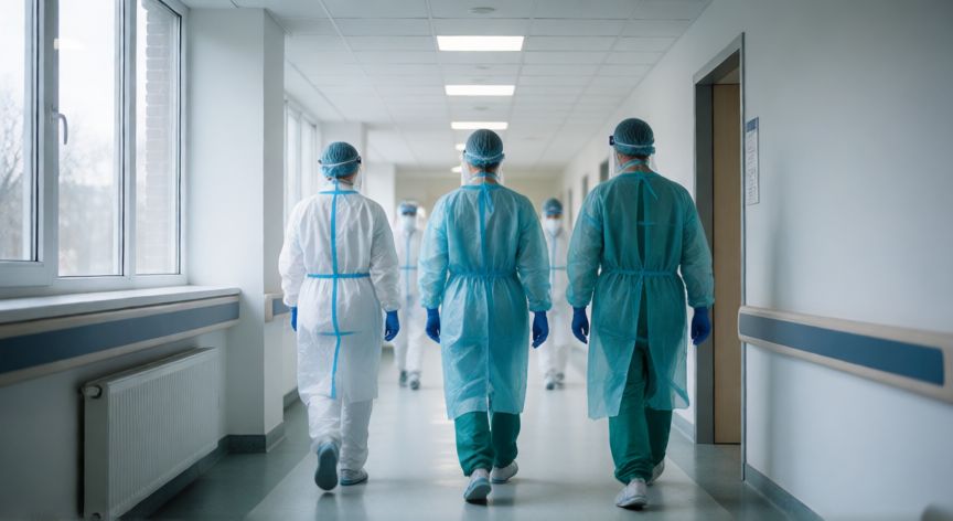 covid 19 y coronavirus es lo mismo, Profesionales sanitarios en un pasillo de hospital representando el contexto clínico de la enfermedad COVID-19