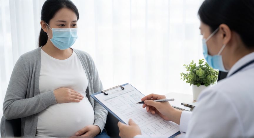 covid 19 y embarazo, Consulta médica prenatal con mascarilla por Covid-19