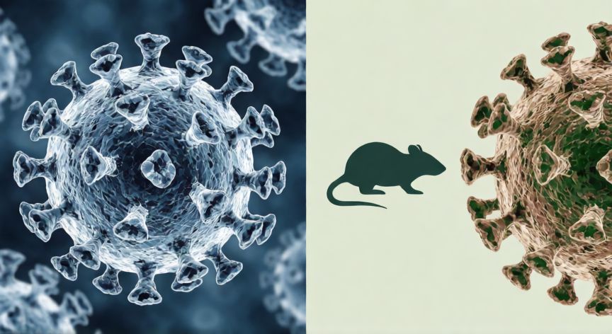 covid 19 y hantavirus, Ilustración médica comparando la estructura del coronavirus SARS-CoV-2 y el hantavirus con su vector roedor