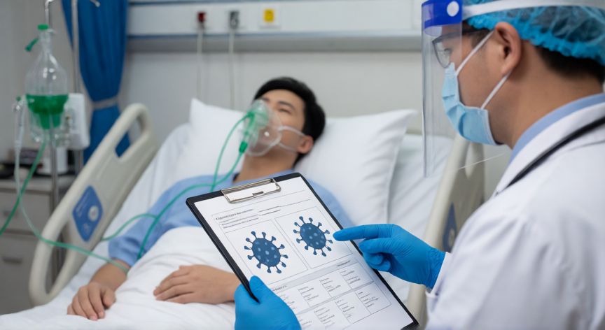 covid 19 y hantavirus, Médico revisando un diagnóstico de virosis respiratoria en un entorno hospitalario