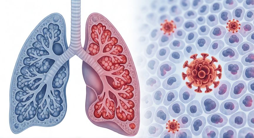 covid 19 y neumonia, Ilustración médica de la inflamación pulmonar y afectación alveolar por virus