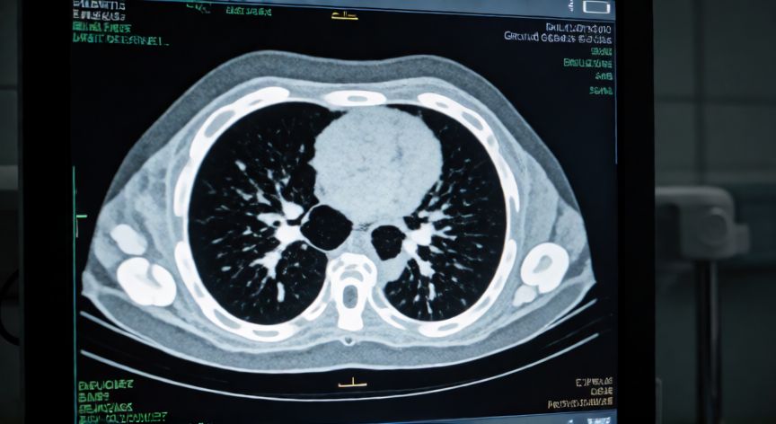 covid 19 y neumonia, TAC de tórax en pantalla mostrando infiltrados pulmonares bilaterales típicos de neumonía viral