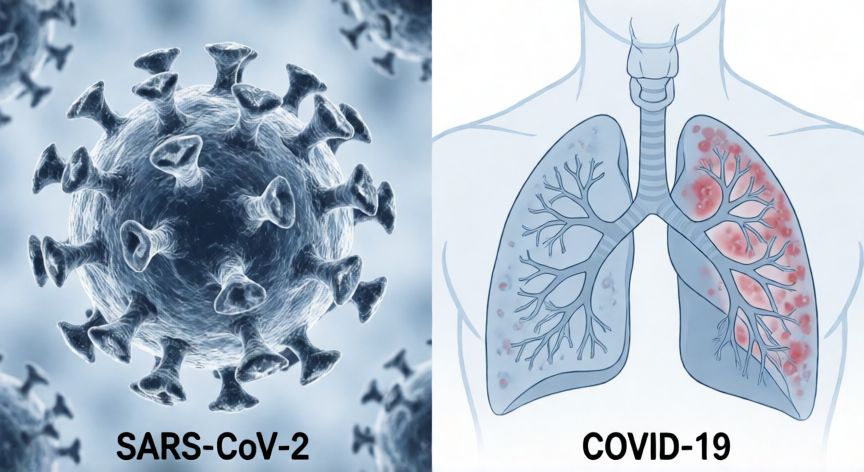 covid 19 y sars cov 2 es lo mismo, Diagrama que diferencia el virus SARS-CoV-2 y la enfermedad COVID-19