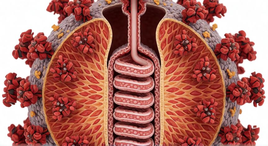 covid 19 y sus partes, Diagrama de sección transversal del coronavirus revelando el ARN interno y la proteína nucleocápside