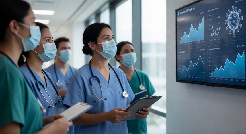covid 19 ya no existe, Profesionales de la salud monitoreando datos epidemiológicos de la COVID-19 en un hospital