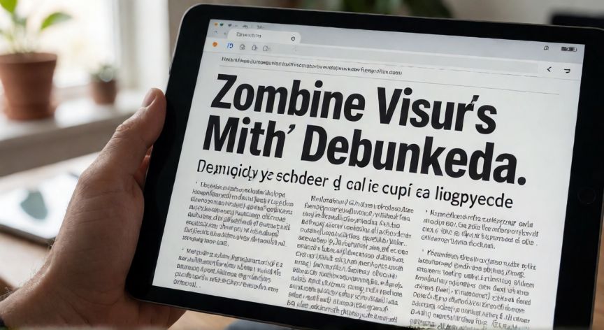 covid 19 zombie, Mano sosteniendo una tableta con un artículo que desmiente el mito del virus zombi