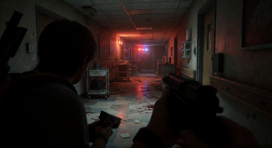 covid 19 zombie apocalypse first person, Perspectiva en primera persona de un superviviente escondido en un pasillo de hospital abandonado con luces de emergencia