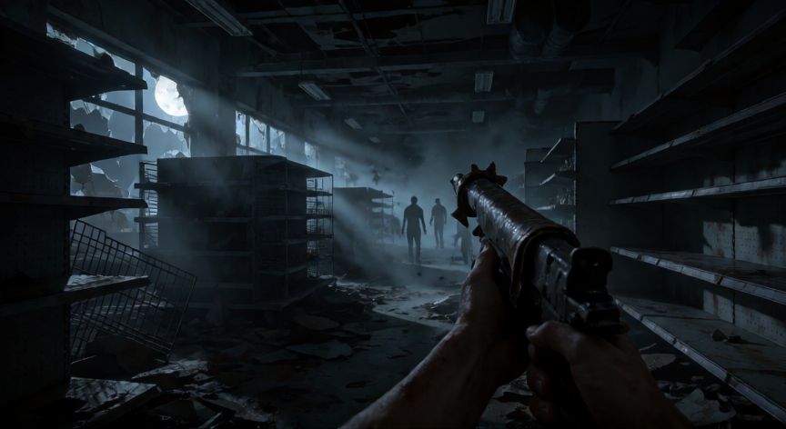 covid 19 zombie apocalypse first person, Vista en primera persona sosteniendo un arma artesanal en un supermercado en ruinas con figuras zombis al fondo